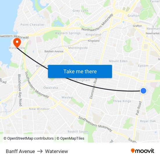 Banff Avenue to Waterview map