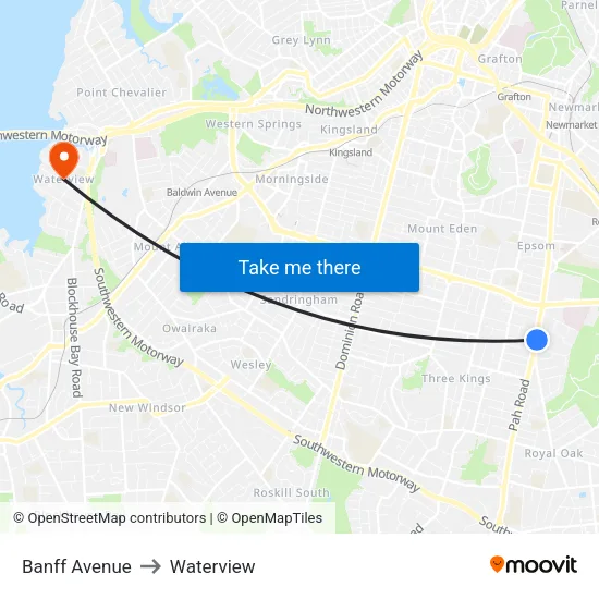 Banff Avenue to Waterview map