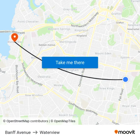 Banff Avenue to Waterview map
