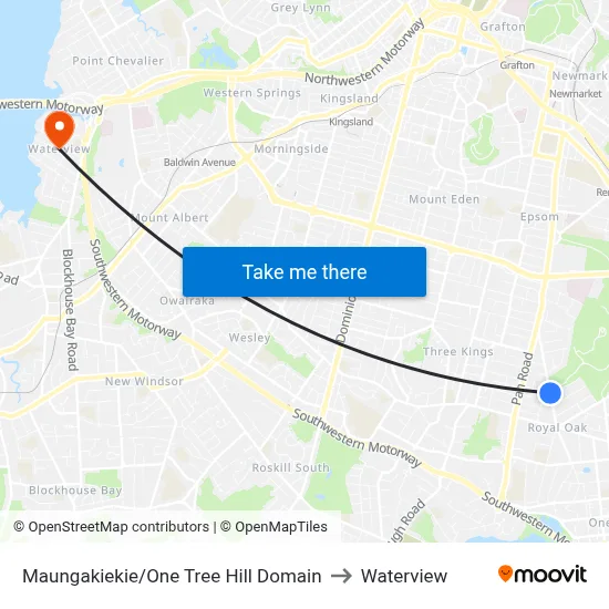 Maungakiekie/One Tree Hill Domain to Waterview map