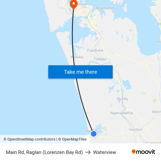 Main Rd, Raglan (Lorenzen Bay Rd) to Waterview map