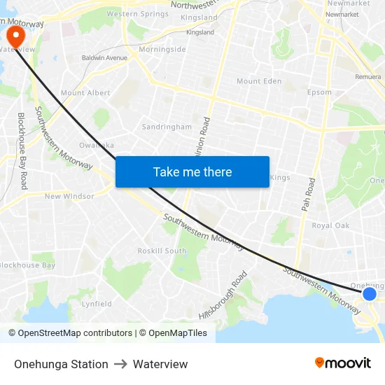 Onehunga Station to Waterview map
