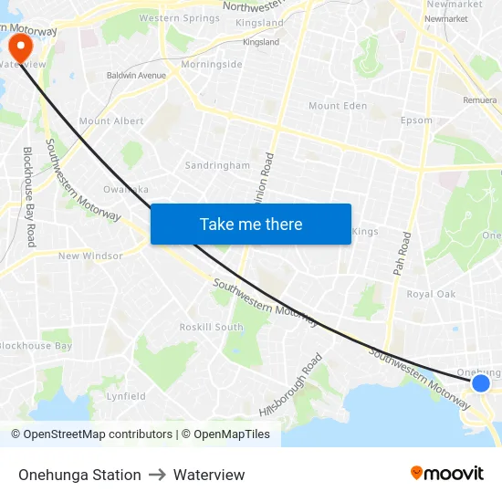 Onehunga Station to Waterview map