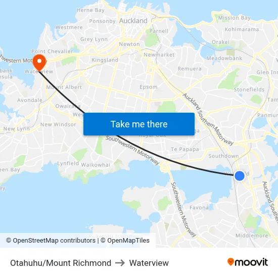 Otahuhu/Mount Richmond to Waterview map