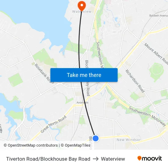 Tiverton Road/Blockhouse Bay Road to Waterview map