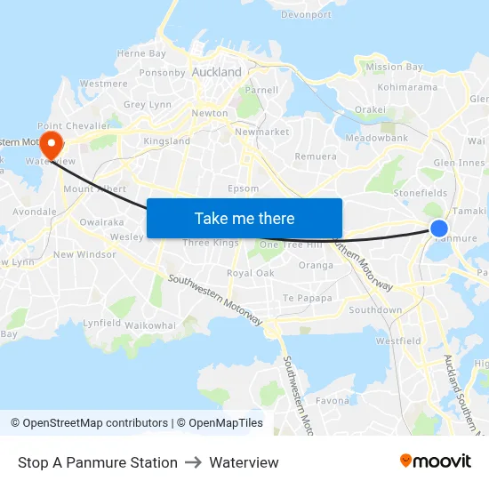 Stop A Panmure Station to Waterview map