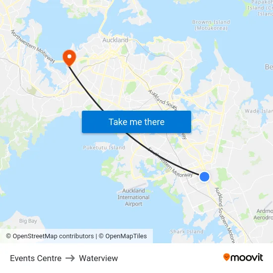 Events Centre to Waterview map
