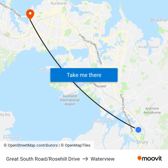 Great South Road/Rosehill Drive to Waterview map