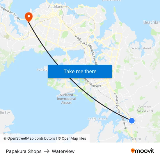Papakura Shops to Waterview map