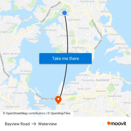 Bayview Road to Waterview map