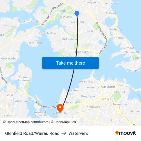 Glenfield Road/Wairau Road to Waterview map
