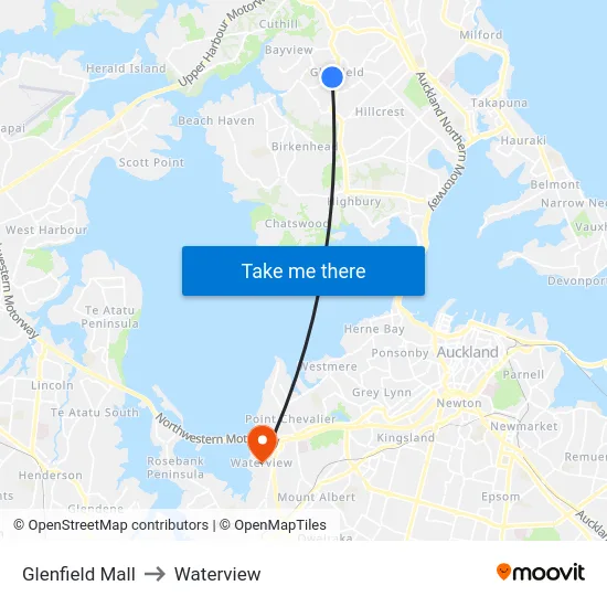 Glenfield Mall to Waterview map