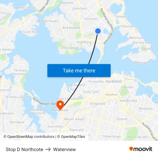 Stop D Northcote to Waterview map