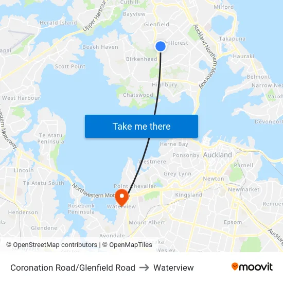 Coronation Road/Glenfield Road to Waterview map