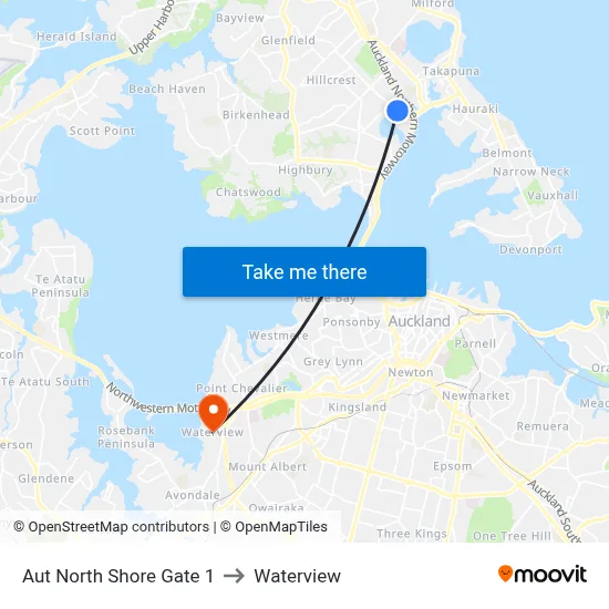 Aut North Shore Gate 1 to Waterview map