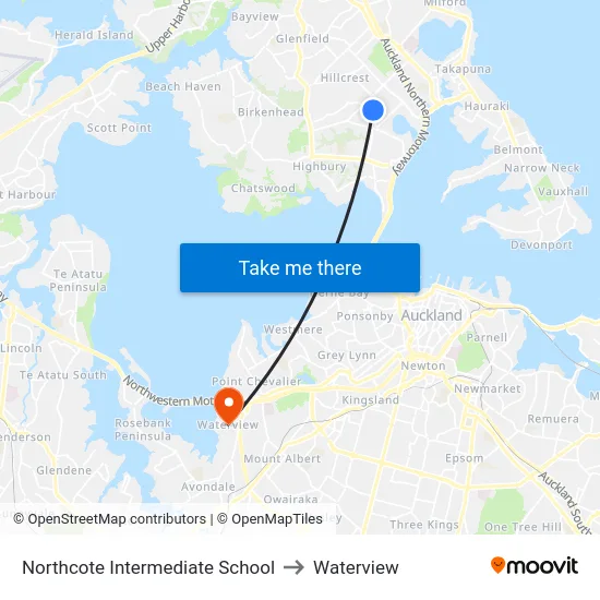 Northcote Intermediate School to Waterview map