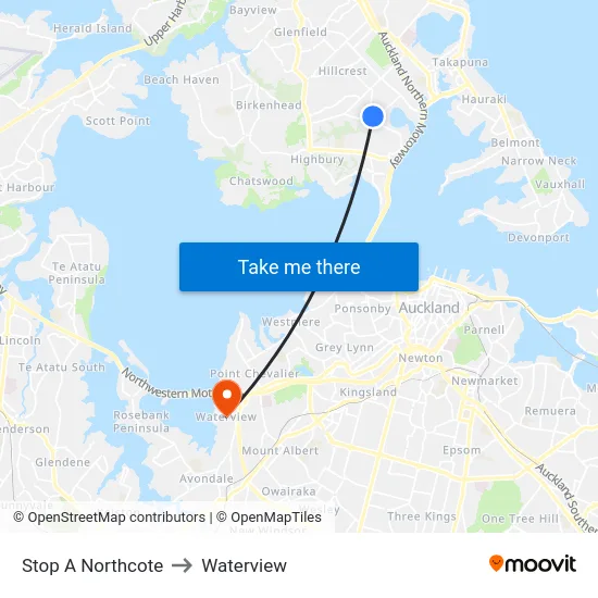 Stop A Northcote to Waterview map