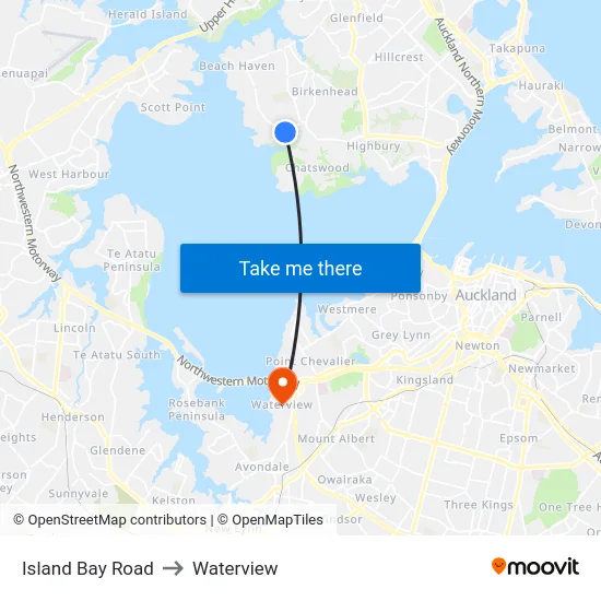 Island Bay Road to Waterview map