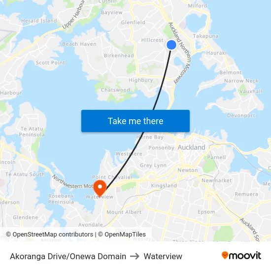 Akoranga Drive/Onewa Domain to Waterview map