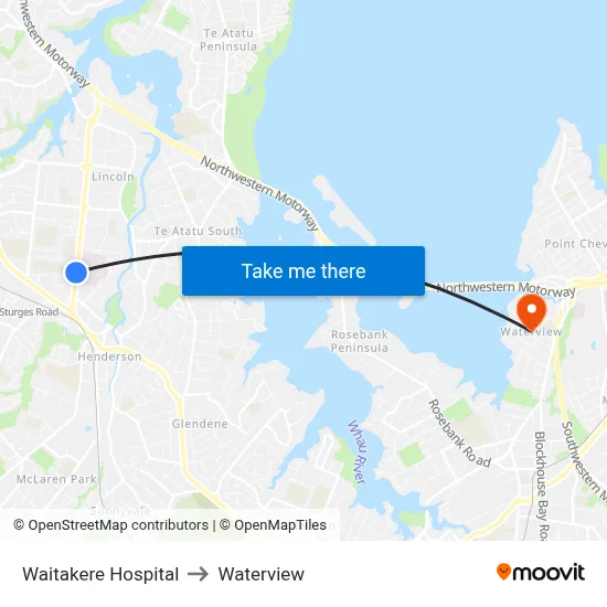 Waitakere Hospital to Waterview map