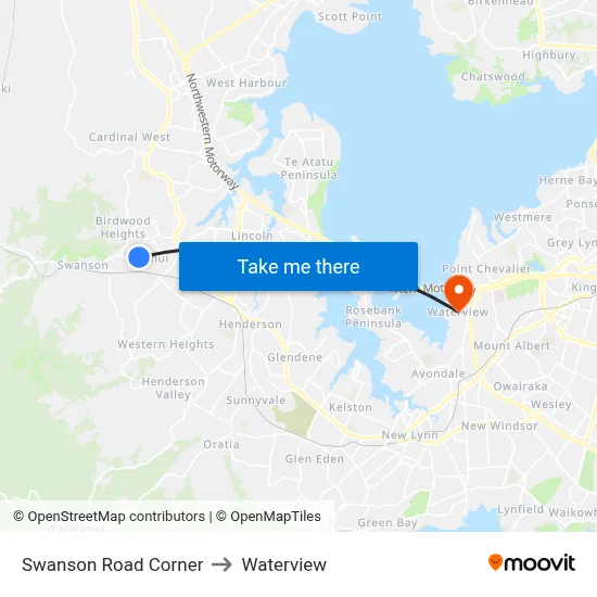 Swanson Road Corner to Waterview map