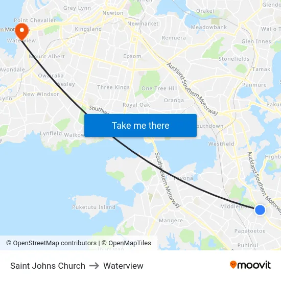 Saint Johns Church to Waterview map