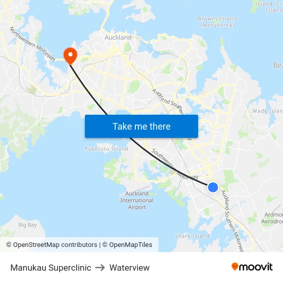Manukau Superclinic to Waterview map