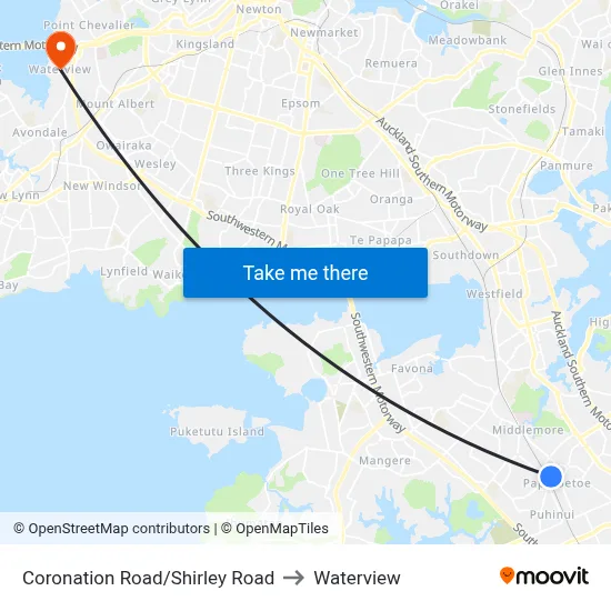 Coronation Road/Shirley Road to Waterview map