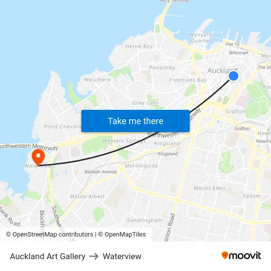 Auckland Art Gallery to Waterview map