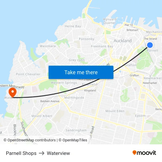 Parnell Shops to Waterview map