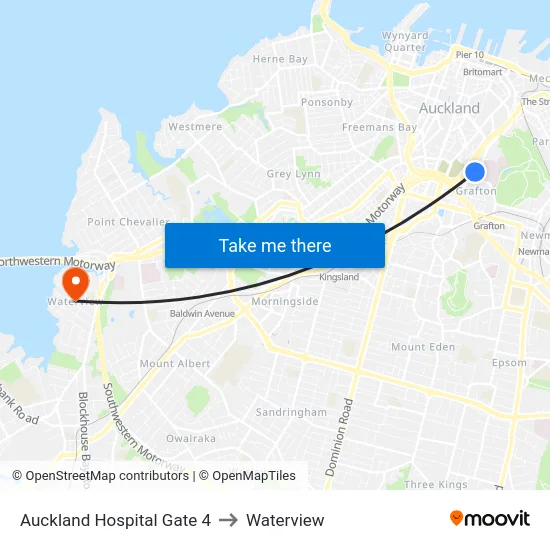 Auckland Hospital Gate 4 to Waterview map