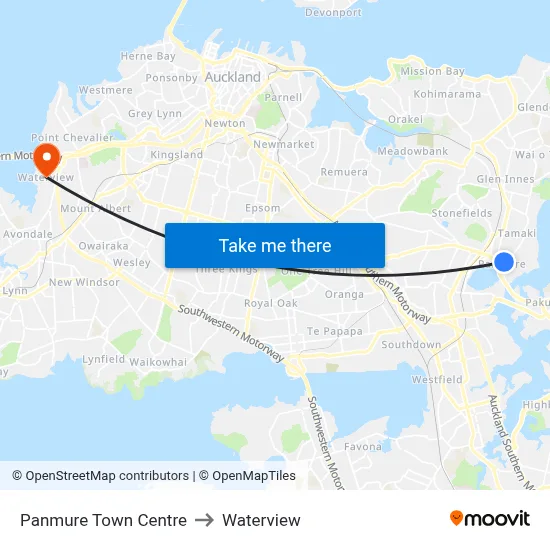 Panmure Town Centre to Waterview map