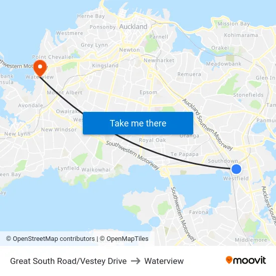 Great South Road/Vestey Drive to Waterview map