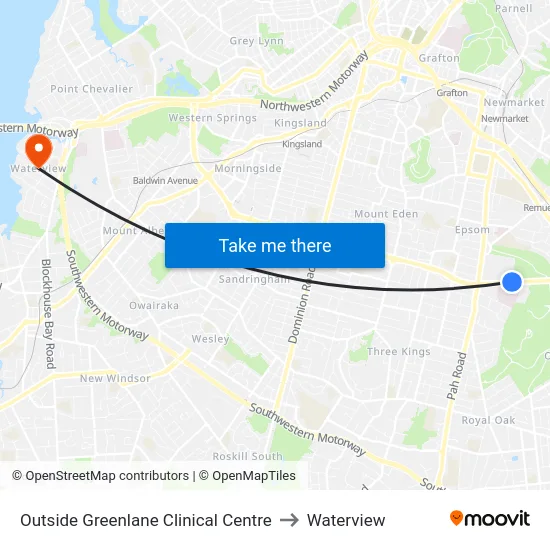 Outside Greenlane Clinical Centre to Waterview map