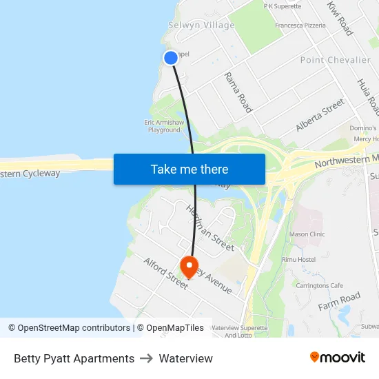 Betty Pyatt Apartments to Waterview map