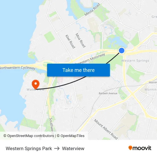 Western Springs Park to Waterview map