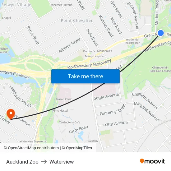 Auckland Zoo to Waterview map