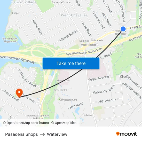 Pasadena Shops to Waterview map