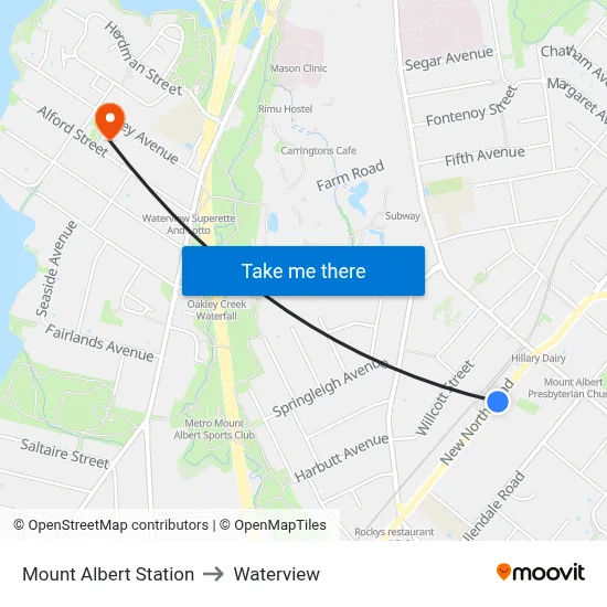 Mount Albert Station to Waterview map