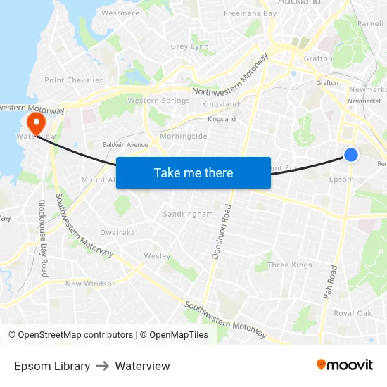 Epsom Library to Waterview map