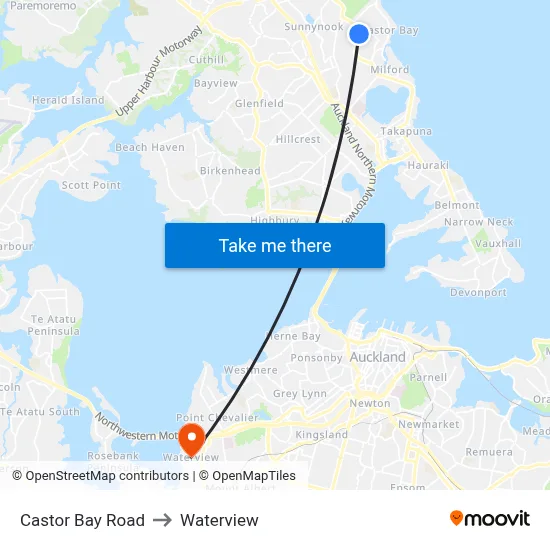 Castor Bay Road to Waterview map