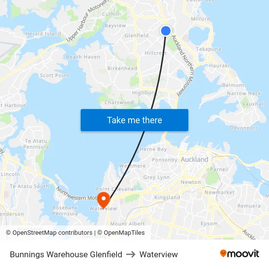 Bunnings Warehouse Glenfield to Waterview map