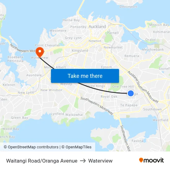 Waitangi Road/Oranga Avenue to Waterview map