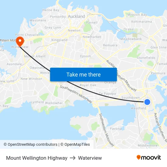 Mount Wellington Highway to Waterview map