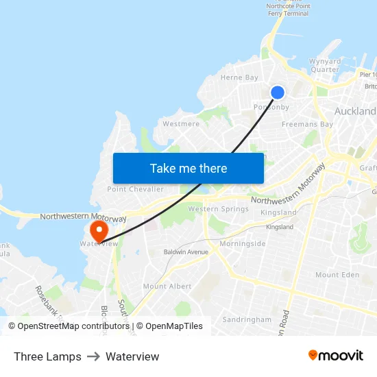 Three Lamps to Waterview map