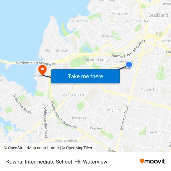 Kowhai Intermediate School to Waterview map