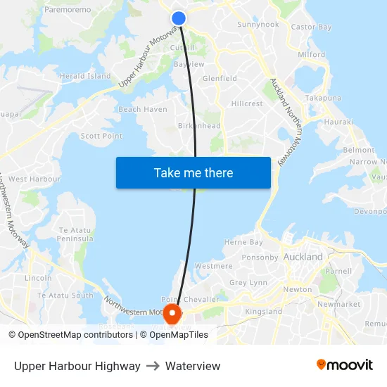 Upper Harbour Highway to Waterview map