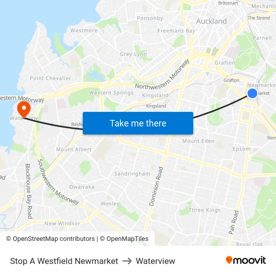 Stop A Westfield Newmarket to Waterview map