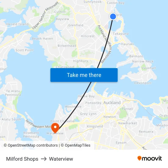 Milford Shops to Waterview map