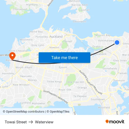 Towai Street to Waterview map